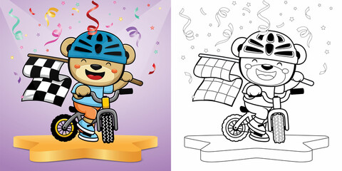 Sticker - Vector illustration of cartoon bear wearing helmet biker riding bicycle while carrying finish flag