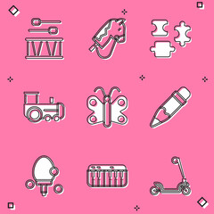 Canvas Print - Set Drum with drum sticks, Toy horse, Puzzle pieces toy, train, Butterfly, Pencil eraser, Racket and Music synthesizer icon. Vector