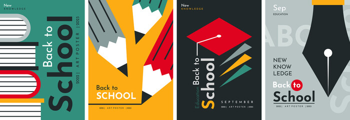 School backgrounds set. Back to School. Stack of books, pencils, graduation cap, fountain pen. Elements and objects on school themes, simple flat background. 