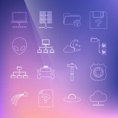 Canvas Print - Set line Network cloud connection, Police badge, Folder tree, Unknown directory, Computer network, Alien, and Cloud with moon and stars icon. Vector