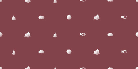 Rows of White Pine Trees, Fishes, Suns and Clouds on Brown Background, Seamless Texture for Web, Business and Wrapping Paper - Template in Editable Vector Format