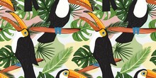 Seamless Pattern With Tropical Toucan In The Nature. Tropical Background With Toucan And Tropical Leaves For Decoration Design. For Textile, Wallpaper, Wrapping Paper And Any Surface Design.