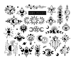mystical floral moon phases isolated clip arts bundle, celestial collection of moon and flowers, mag