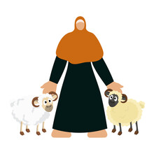Faceless Islamic Young Woman Standing With Two Sheep Animal On White Background.