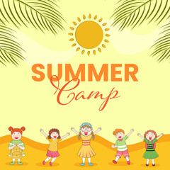 Wall Mural - Summer Camp Lettering With Sun, Cheerful Kids Enjoying Against Yellow Background.