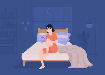 Wall Mural - Nighttime knee pain flat color vector illustration. Leg swelling. Symptom of osteoarthritis. Throbbing ache. Fully editable 2D simple cartoon character with cozy bedroom interior on background