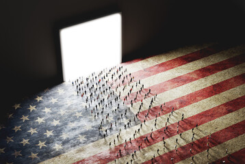 Wall Mural - people on usa flag walking to open light gate