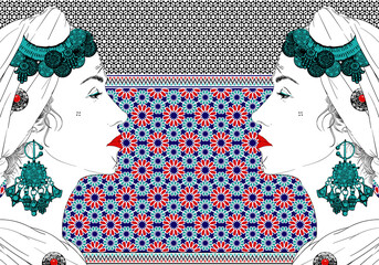 arabic woman face mosaic vector illustration. red blue and green colors