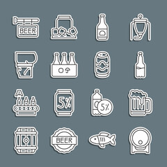 Sticker - Set line Wooden barrel on rack, beer mug, Plastic bottle, Beer, Pack of bottles, belly, Street signboard with and can icon. Vector