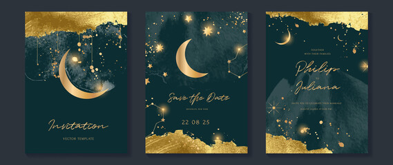 Galaxy themed wedding invitation vector template. Collection of luxury save the date card with watercolor, moon, gold sparkle. Starry night cover design for background, greeting, brochure, flyer.