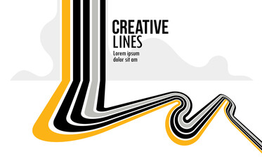 3D black and white lines in perspective with yellow elements abstract vector background, linear perspective illustration op art, road to horizon.