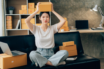 Wall Mural - Asian woman working in modern warehouse and delivery service via modern technology