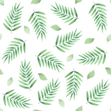 Watercolor Seamless Pattern Of Tropical Palm Leaves. Green Branches And Leaves Of Tropical Plants. Suitable For Fabric, Digital Paper And Scrapbooking