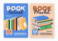 Book Festival, Fair Ad Poster Designs. Promo Flyer Background Templates With Abstract Literature For Reading And Education Event In Library, Sale In Store, Bookshop. Colored Flat Vector Illustrations