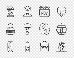 Sticker - Set line Thermometer, Bare tree, November calendar autumn, Bottle of wine, Jam jar, Mushroom, School backpack and Hive for bees icon. Vector