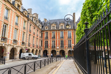 View of the facade of Victor Hugo's house in Place des Vosges, Paris, France