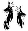 © Cattallina - beautiful woman with long hair and elegant fox black and white vector head portrait outline