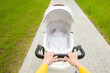 Young adult mother hands pushing white baby stroller with newborn on sidewalk. Daily outside walking and breathing fresh air. Spending time with infant in warm summer day. Closeup. Point of view shot.