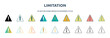 limitation icon in 18 different styles such as thin line, thick line, two color, glyph, colorful, lineal color, detailed, stroke and gradient. set of limitation vector for web, mobile, ui