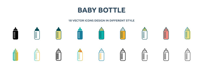 baby bottle icon in 18 different styles such as thin line, thick line, two color, glyph, colorful, lineal color, detailed, stroke and gradient. set of baby bottle vector for web, mobile, ui