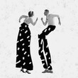 canvas print picture Monochrome contemporary art collage. Ideas, vintage, retro style, imagination. Young couple with long legs dancing on paper effect background. Surrealism