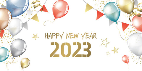 happy new year 2023 color pennants and balloons - party festive design