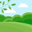 Summer landscape of nature. Panorama with green forests, hill, fields and blue sky. Rural scener. Flat vector illustration