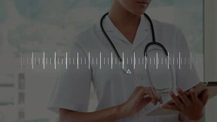 Poster - Animation of data processing over biracial female doctor