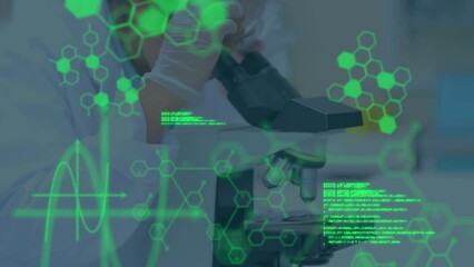 Wall Mural - Animation of data processing over caucasian female scientist using microscope