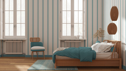 Wall Mural - Scandinavian wooden bedroom in white and blue tones, double bed with pillows, duvet and blanket, striped wallpaper, windows with radiators, parquet. Side view, modern interior design