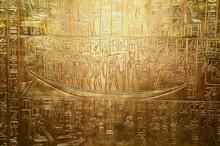 A Golden Wall With Engraved Egyptian Symbols, The Tomb Of Pharaoh Tutankhamun