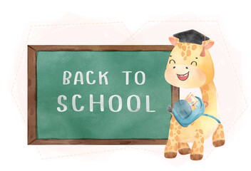 Wall Mural - cute watercolor happy kid giraffe with backpack and chalkboard, back to school cartoon animal wildlife watercolor vector