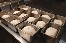 The Dough For Baking Bread Lies In Bread Metal Forms. Dough Sprinkled With Sunflower Seeds. Bread Before Baking