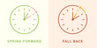 . Set of clocks with text fall back, spring forward.