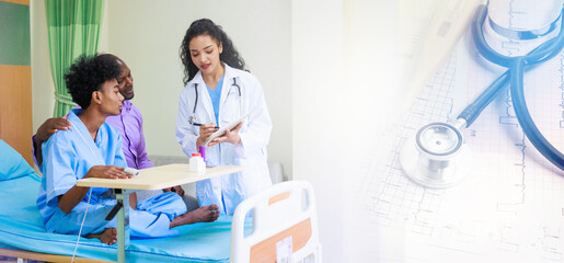 Wall Mural - black woman doctor and man patient. black female doctor talking consulting and checkup by stethoscope with patient  Hospital Healthcare and medicine concept.