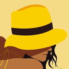 Wall Mural - vector illustration of a portrait of a young girl in profile, who is relaxing and sunbathing on the beach in a hat. useful for hat advertising, summer holiday, holidays, beaches, hotels, beauty salons