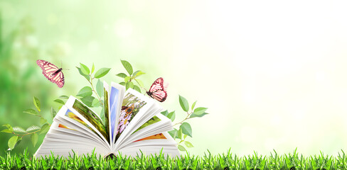 Book of nature. Horizontal banner with book open and two Monarch butterflies on green grass