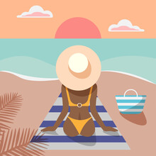 Gorgeous Girl Enjoying Beautiful Sunset On The Beach.Summer Vacation Illustration.Flat Vector Illustration