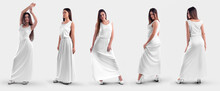 White Dress Mockup On A Girl In Heels, Posing Model In A Sundress, Isolated On Background, Set, Front, Side, Back View.
