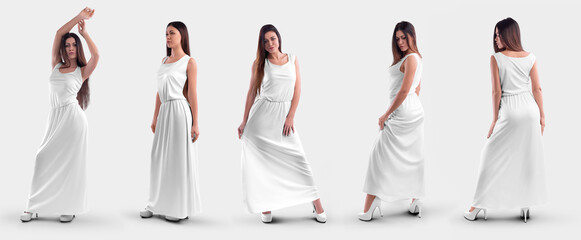 Wall Mural - White dress mockup on a girl in heels, posing model in a sundress, isolated on background, set, front, side, back view.