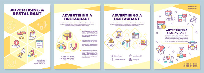Advertising restaurant yellow brochure template. Marketing. Leaflet design with linear icons. Editable 4 vector layouts for presentation, annual reports. Arial-Black, Myriad Pro-Regular fonts used