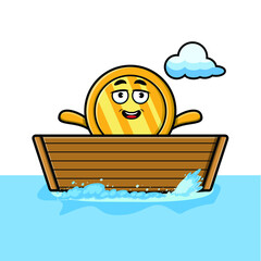 Wall Mural - cute cartoon gold coin get on boat in vector character illustration