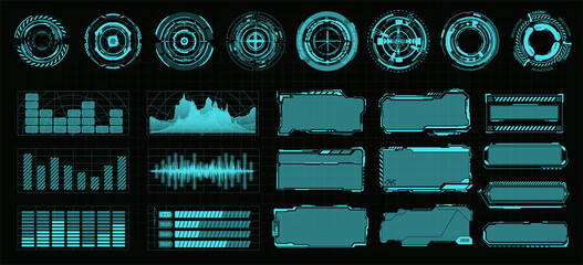 Fototapete - A set of elements of a sci-fi digital interface for the game, frames, sights, circles, titles, statistics, HUD-style graphics. Cyberpunk interface elements set.  Box border with chart, dashboard.