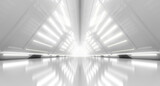 Fototapeta Przestrzenne - Abstract Futuristic corridor interior design with lights. Triangle Spaceship Tunnel Future concept. 3D Rendering