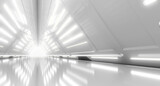 Fototapeta Przestrzenne - Abstract Futuristic corridor interior design with lights. Triangle Spaceship Tunnel Future concept. 3D Rendering