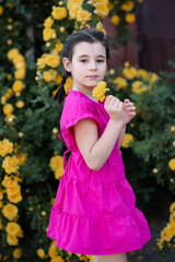 Wall Mural - Stylish little kid girl 6-7 year old smelling yellow rose flower over blooming bushes in garden outdoor close up. Looking at camera. Springtime. Cute child toddler over nature background. Childhood.