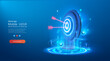 © ZinetroN - The concept of a target with a glowing hologram of the target and an arrow hitting the center. Growth strategy or financial goal concept. Symbolic goals achievement, success, victory. Vector