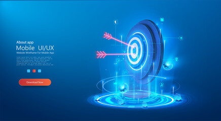 The concept of a target with a glowing hologram of the target and an arrow hitting the center. Growth strategy or financial goal concept. Symbolic goals achievement, success, victory. Vector