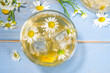 Herbal organic cold drink. Infused flower water. Iced daisy Chamomile tea or lemonade with lemon slice and ice cubes, in two different glasses, blue wooden background copy space