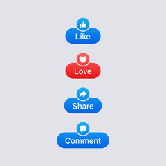 Aufkleber - Social media notification icons in modern button label banner or post reactions like love comment share icon buttons. thumbs up, heart, repost, icons